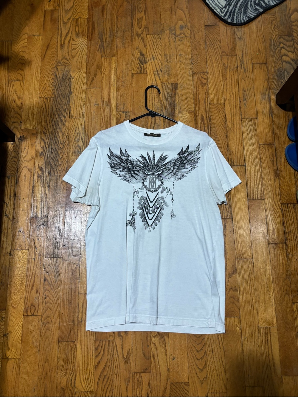 Roberto Cavalli White Short-Sleeve Tee with Black Feather Graphic